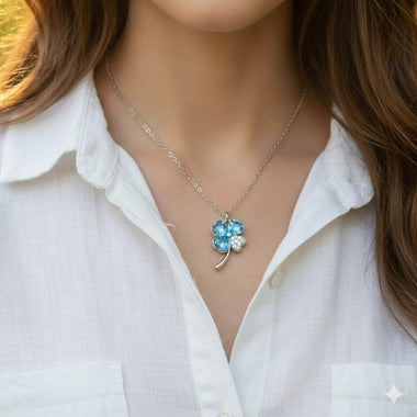 18kt White Gold Plated Swarovski Crystal Pendant Four Leaf Clover Aquamarine Blue - Ai NeDefault Category