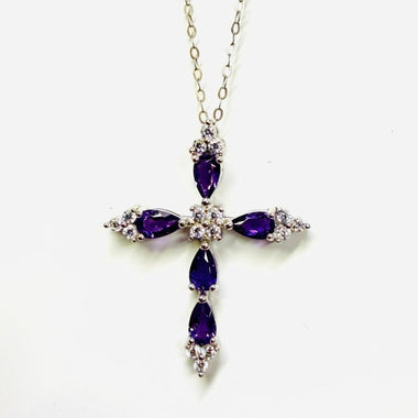 925 Sterling Silver Cross Authentic Amethyst Crystal Pendant Necklace - Ai NeDefault Category