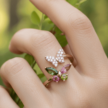925 Sterling Silver Rose Gold Plated Tourmaline Crystal Butterfly Ring - Ai NeDefault Category