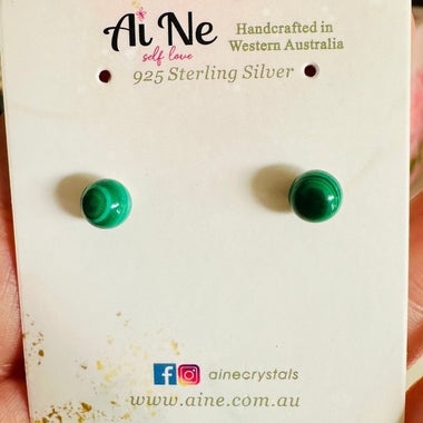 925 Sterling Silver Stud Earrings Crystals Gemstone Round Malachite - Ai NeDefault Category