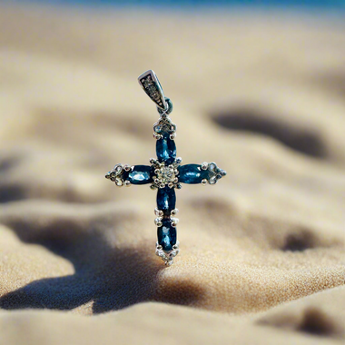 925 Sterling Silver Cross Sapphire Crystal Pendant
