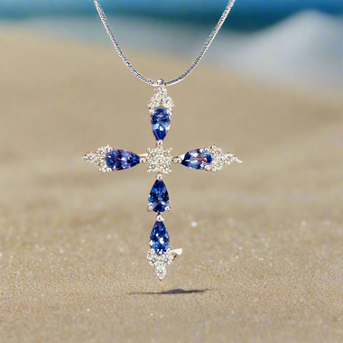 925 Sterling Silver Cross Authentic Tanzanite Crystal Pendant | Spiritual Awareness Intuition Transformation
