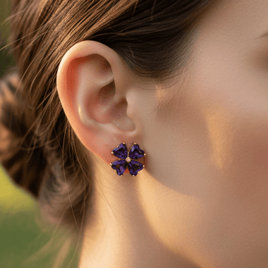 Amethyst Flower Design Crystal Gold Plated 925 Silver Earring | Healing and Well Being - Ai NeDefault Category