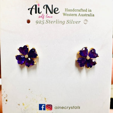 Amethyst Flower Design Crystal Gold Plated 925 Silver Earring | Healing and Well Being - Ai NeDefault Category
