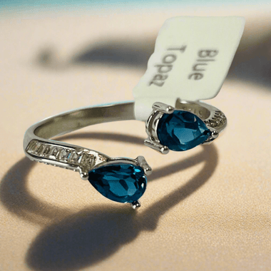 Two Drop Shaped Blue Topaz Gems 925 Silver Ring | Embrace Sparkling Elegance and Spiritual Serenity - Ai NeDefault Category
