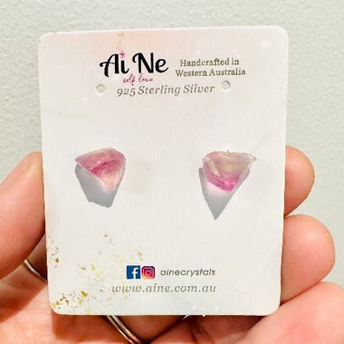 925 Sterling Silver Stud Earrings Crystals Gemstone Raw Pink Fluorite - Ai NeDefault Category