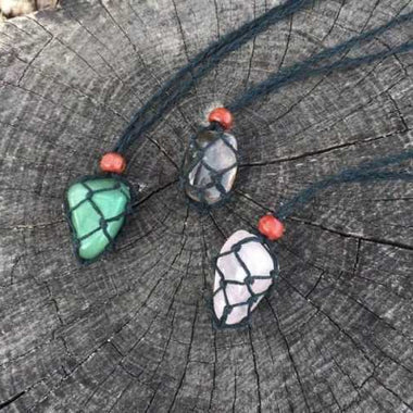 BLACK Eco-Friendly 100% Linen Cord Bead Necklace Interchangable / Adjustable Macrame Hemp Crystal Pendant Pouch Net Necklace - Ai NeDefault Category