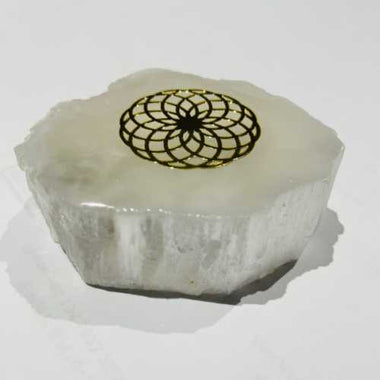 Genuine Selenite Crystal Charging Base Sacred Geometry - Flower of Life C - Ai Ne