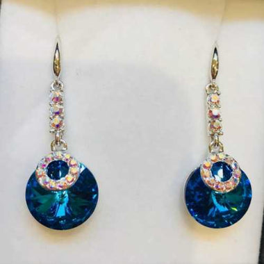 925 Sterling silver Swarovski dangling Earrings Diamante Round Bermuda blue - Ai NeDefault Category