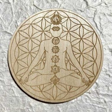 Wooden Crystal Grid Plate 7 Chakra Symbol Meditation 20cm - Ai NeGifts & Crystals