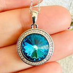 18kt White Gold Plated Swarovski Crystal Pendant Diamonte Round Bezel Bermuda Blue - Ai NeDefault Category
