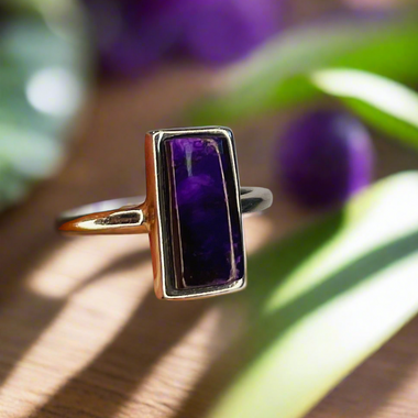 925 Sterling Silver Rectangular Shaped Sugilite Crystal Ring  |  Spiritual Growth Protection Healing