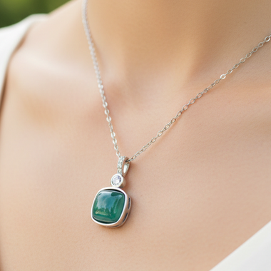 925 Sterling Silver Blue Jade Square Crystal necklace Pendant  | Harmony Prosperity Protection