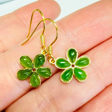 925 Sterling Silver Gold Plated Jade Flower Crystal Earring | Harmony Prosperity Protection - Ai NeDefault Category