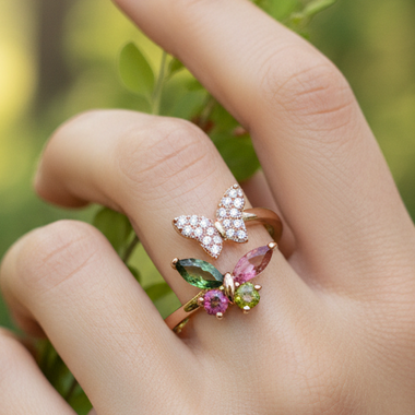 925 Sterling Silver Rose Gold Plated Tourmaline Crystal Butterfly Ring