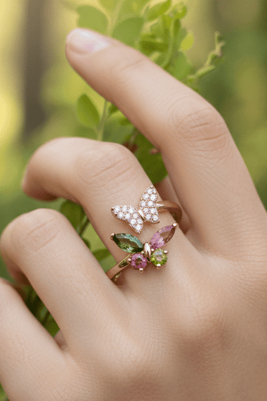 925 Sterling Silver Rose Gold Plated Tourmaline Crystal Butterfly Ring - Ai NeDefault Category