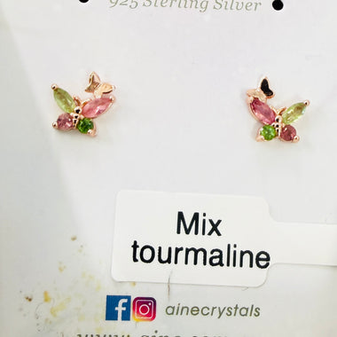 925 Sterling Silver Rose Gold Plated Tourmaline Butterfly Crystal Earring  |   Balance Protection Grounding