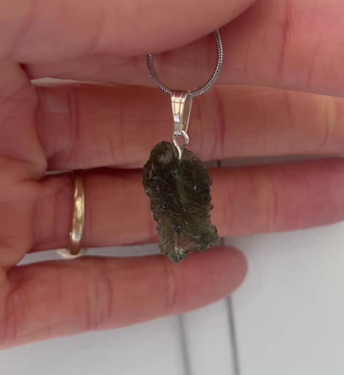 Genuine Moldavite Pendant from Czech Republic 1.6 grams total weight including silver