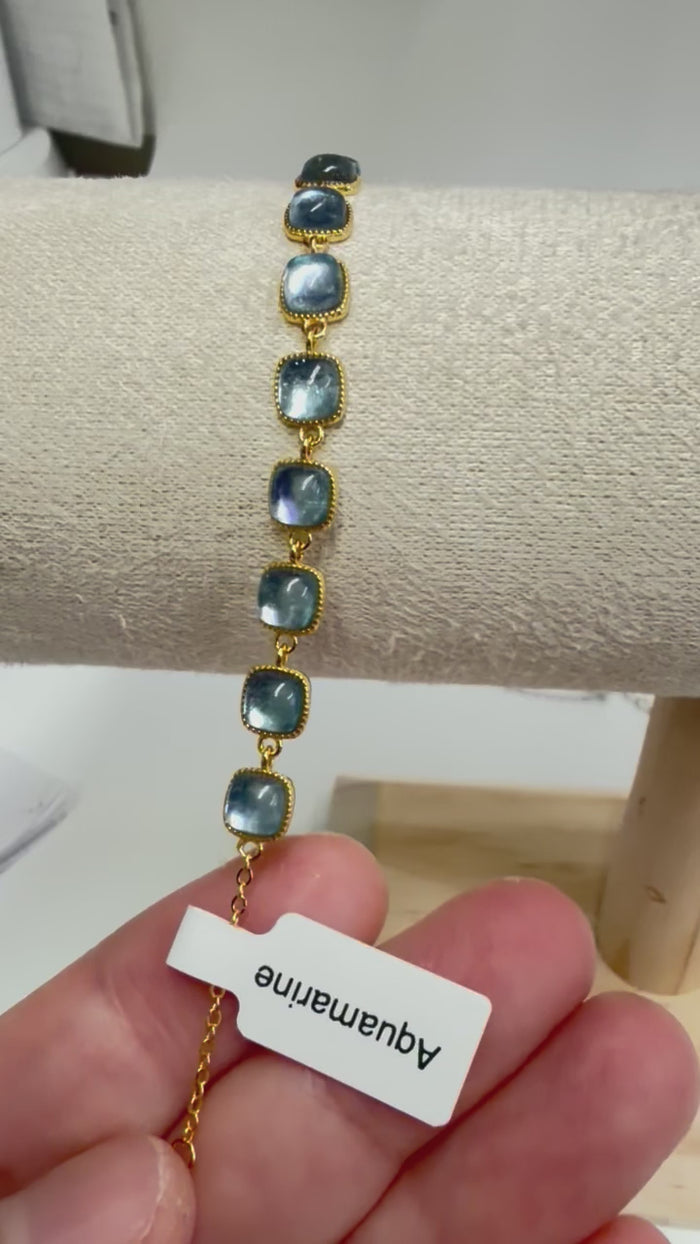925 Sterling Silver 18kt Gold Plated Aquamarine Bracelet 6mm