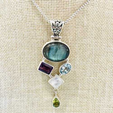 925 Solid Sterling Silver Crystal Pendant with Labradorite, Moonstone, Amethyst, Blue Topaz and Peridot - Ai NeDefault Category