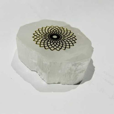 Genuine Selenite Crystal Charging Base Sacred Geometry - Flower of Life B - Ai Ne