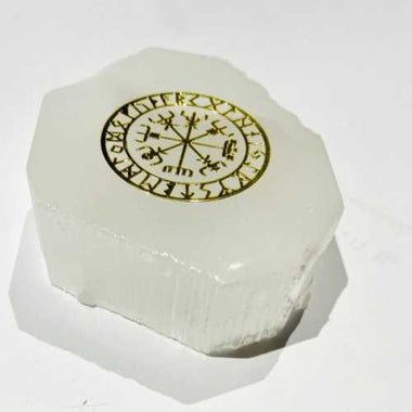 Genuine Selenite Crystal Charging Base Sacred Geometry -Nordic Viking Runes - Ai Ne
