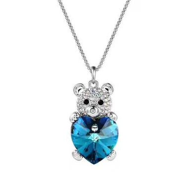 Swarovski Crystal Necklace Pendant Teddy Bear Love Heart Bermuda Blue - Ai NeDefault Category