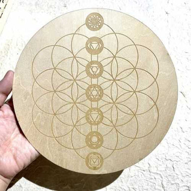 Wooden Crystal Grid Plate 7 Chakra Symbol Flower of Life 20cm - Ai NeGifts & Crystals